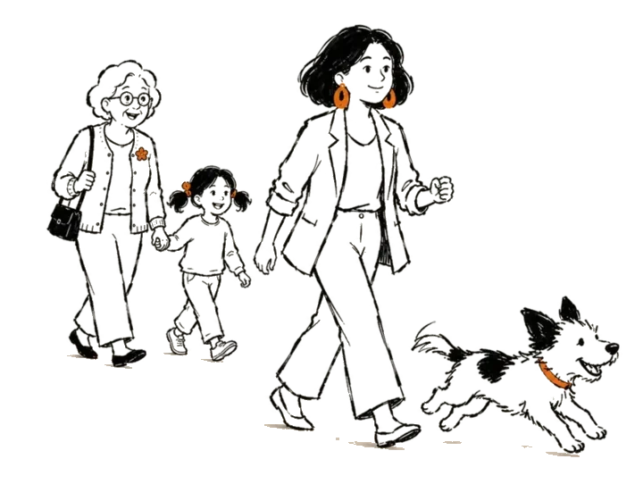 Una familia dibujada a tinta pasea con su perro.