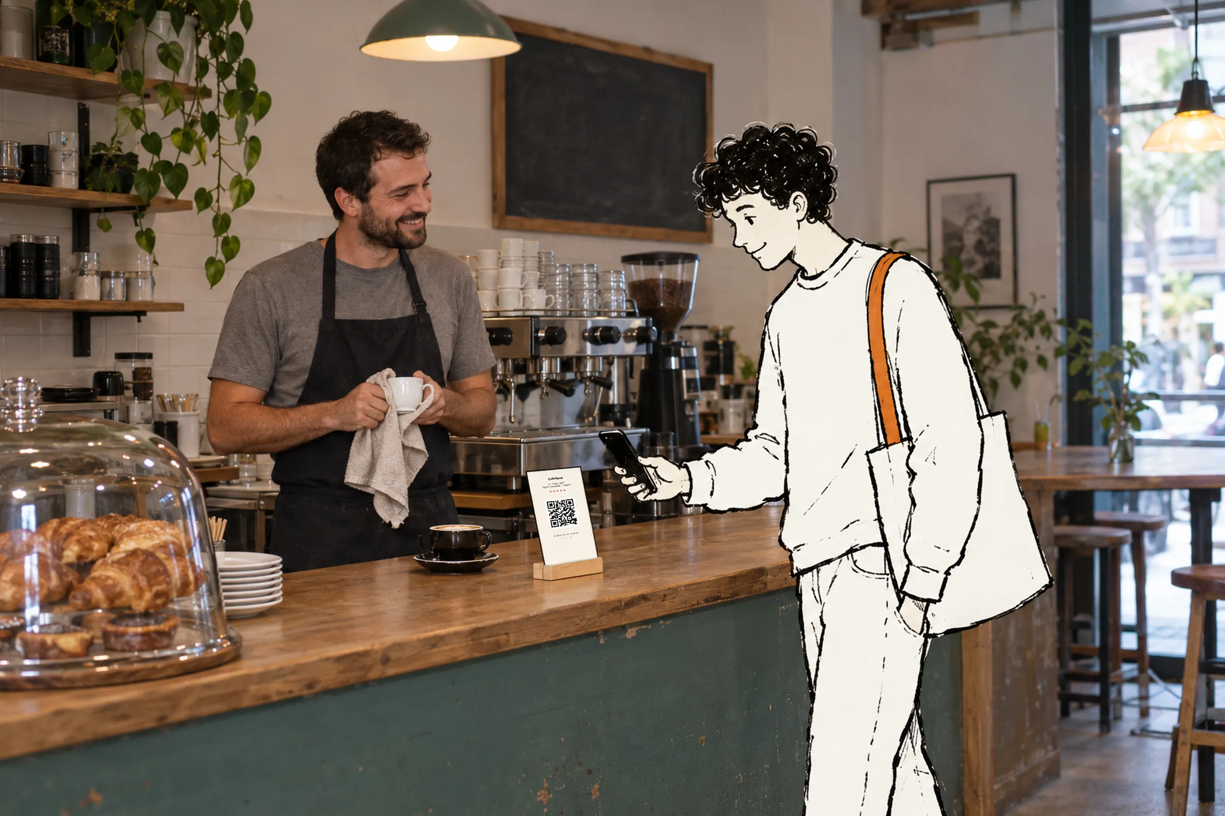 Un cliente escanea con el móvil el cartel con el QR de reseñas en la barra de una cafetería, mientras el camarero le sonríe.