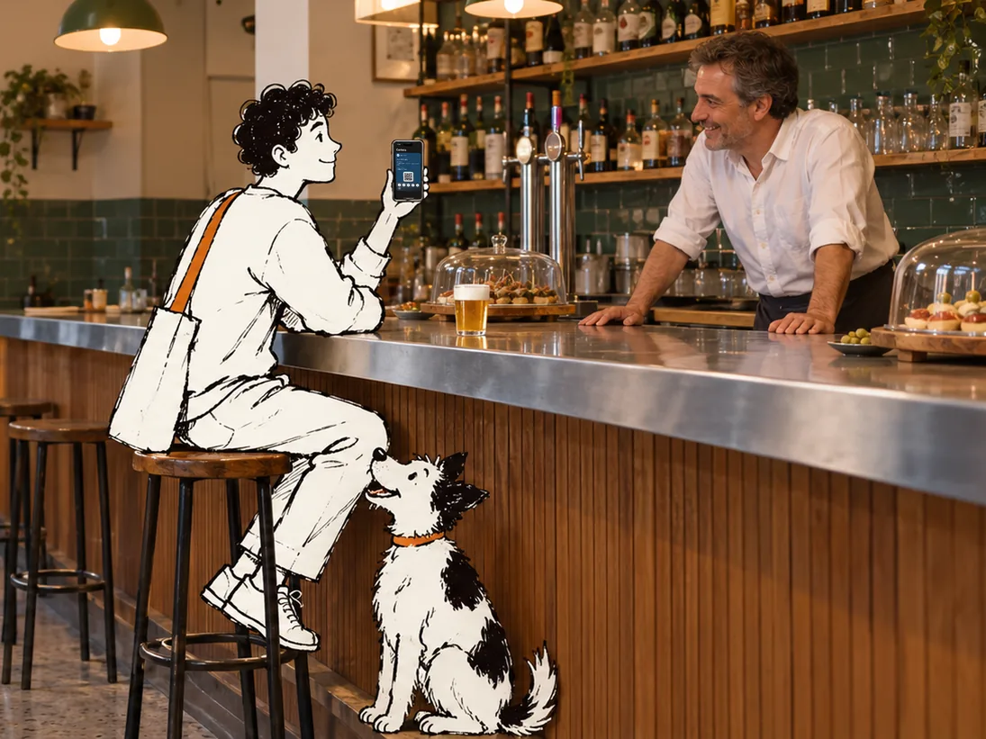 En un bar de barrio, Elio, dibujado a tinta, enseña al camarero la tarjeta del bar en el móvil; su perro le mira sentado junto al taburete.