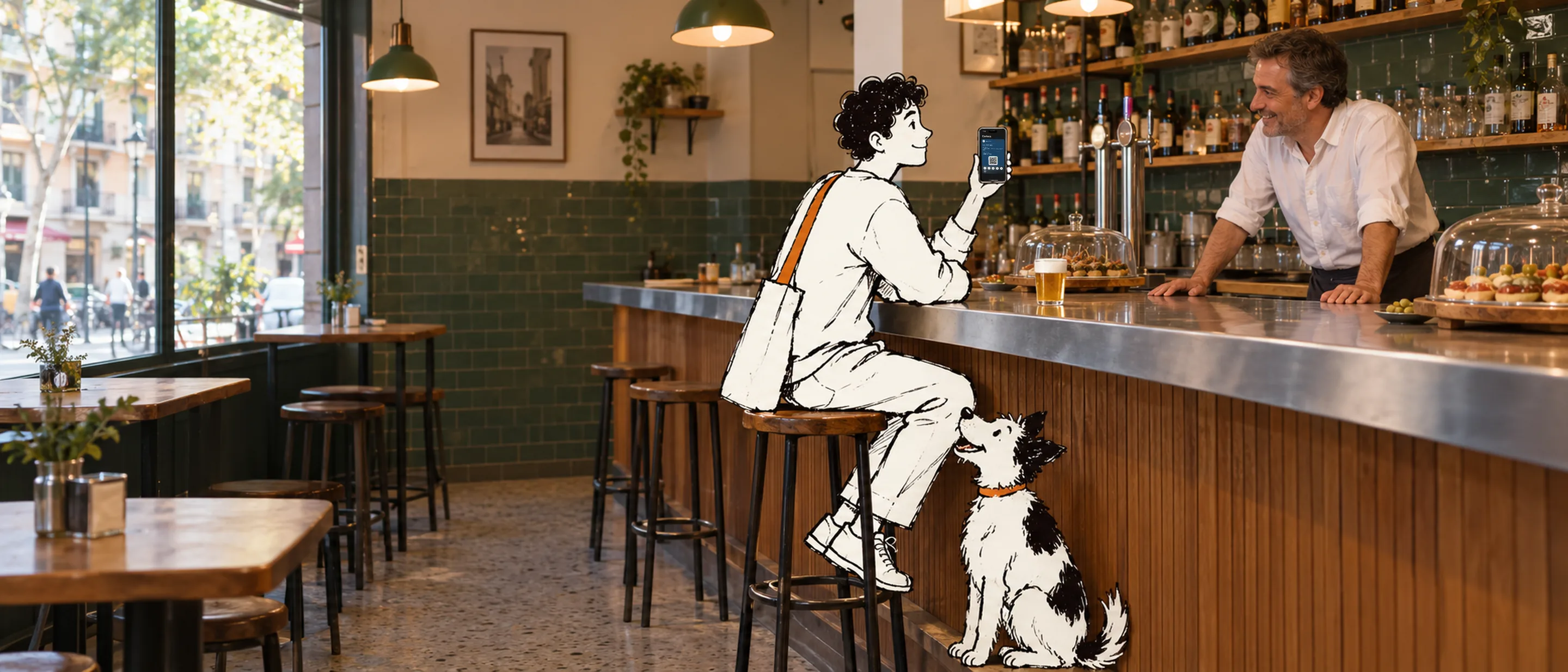 En un bar de barrio, Elio, dibujado a tinta, enseña al camarero la tarjeta del bar en el móvil; su perro le mira sentado junto al taburete.