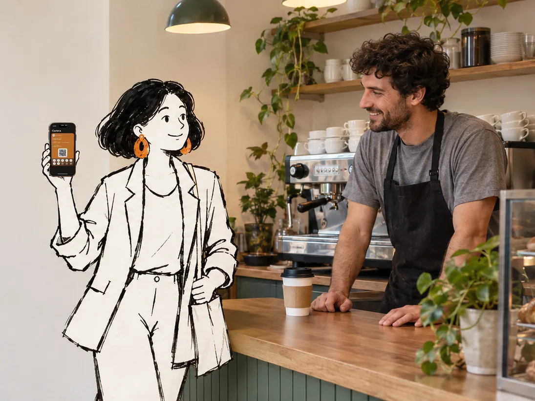 En una cafetería de barrio, Irene, dibujada a tinta, enseña al barista la tarjeta de la cafetería en el móvil, y él sonríe desde la barra.