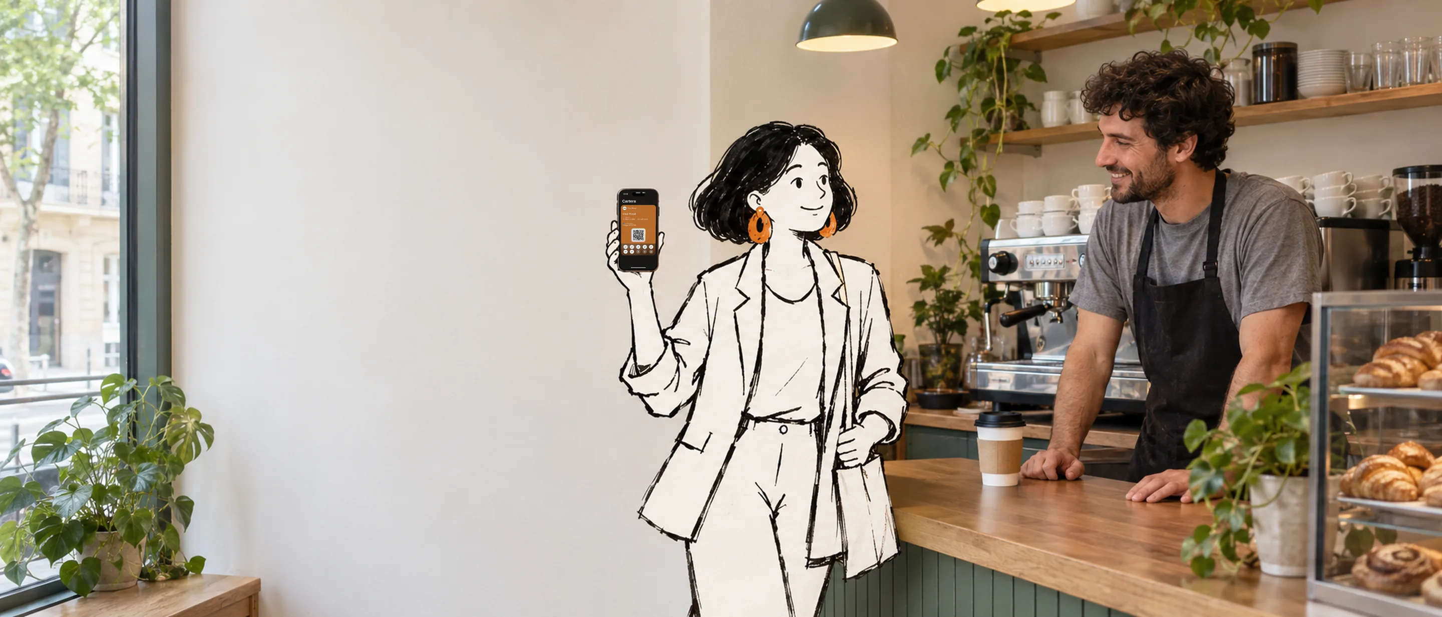 En una cafetería de barrio, Irene, dibujada a tinta, enseña al barista la tarjeta de la cafetería en el móvil, y él sonríe desde la barra.