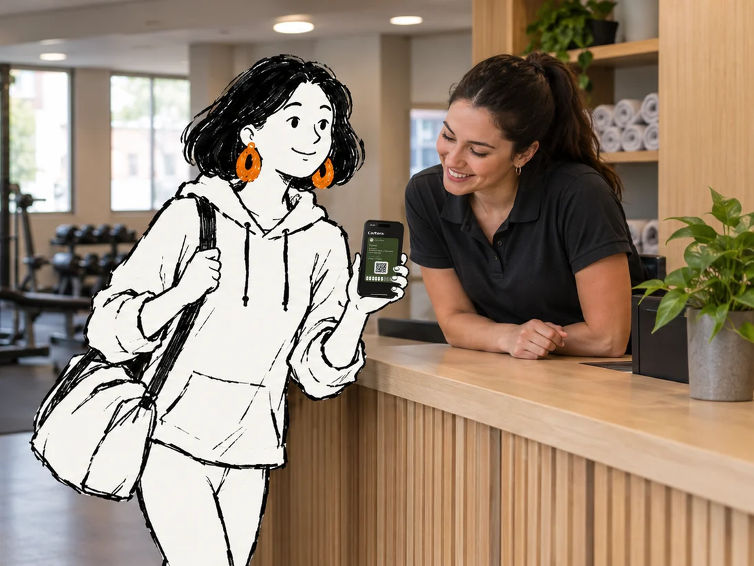 En la recepción de un gimnasio de barrio, Irene, dibujada a tinta y con su bolsa de deporte, enseña la tarjeta del gimnasio en el móvil a la recepcionista, que se asoma sonriendo.