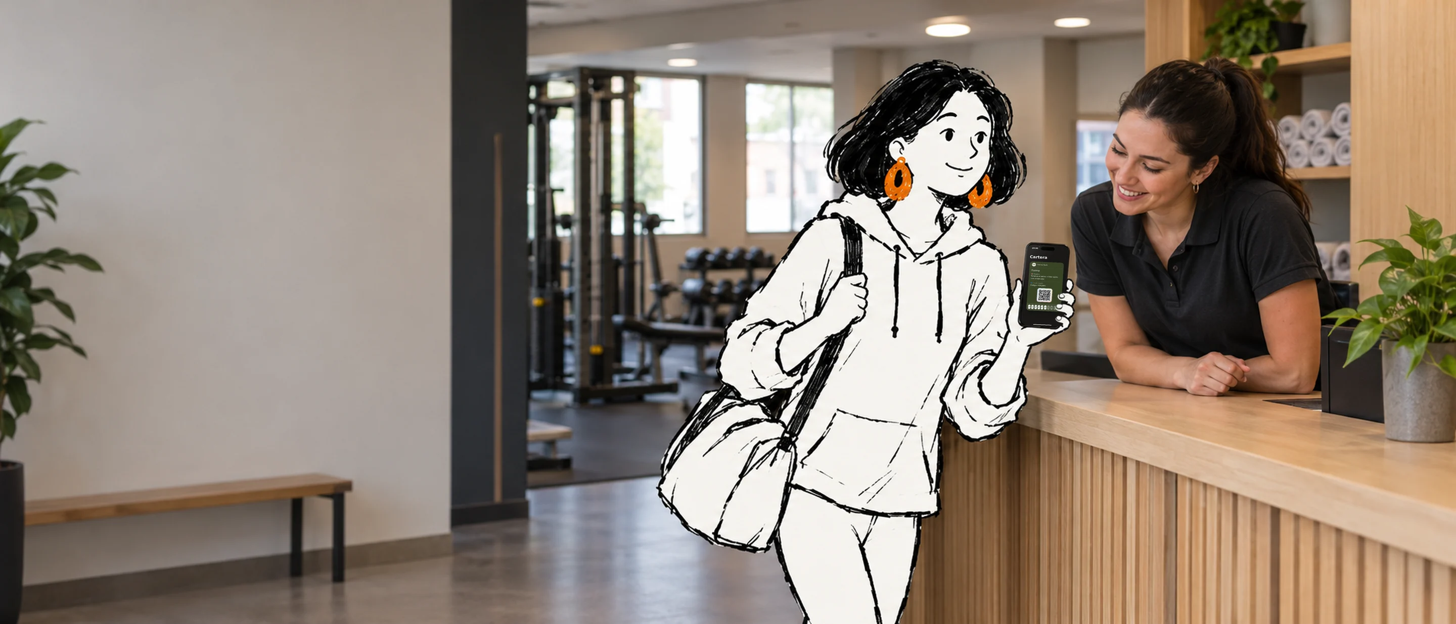 En la recepción de un gimnasio de barrio, Irene, dibujada a tinta y con su bolsa de deporte, enseña la tarjeta del gimnasio en el móvil a la recepcionista, que se asoma sonriendo.
