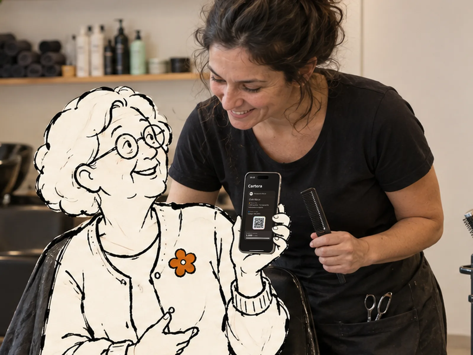 En una peluquería de barrio, Carmen, dibujada a tinta, enseña a su peluquera la tarjeta del salón en el móvil, y ella se asoma sonriendo.
