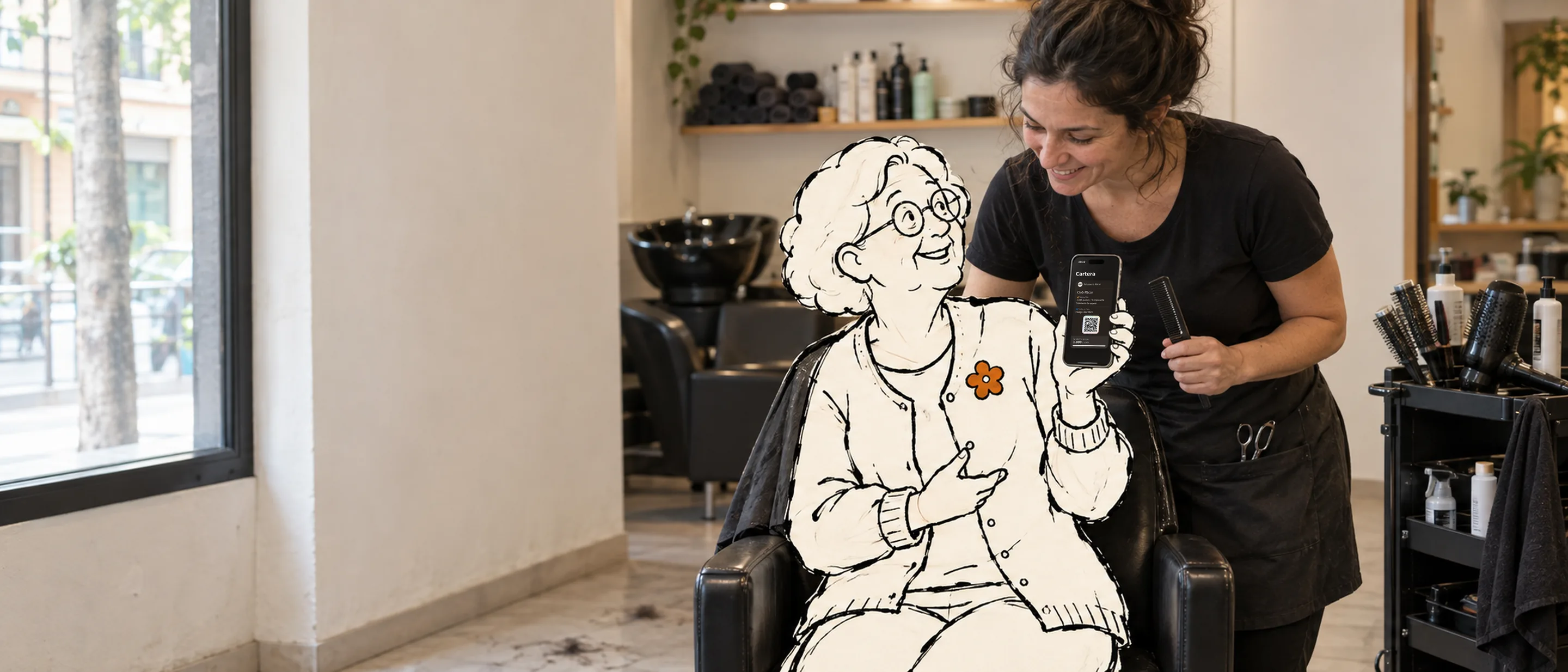 En una peluquería de barrio, Carmen, dibujada a tinta, enseña a su peluquera la tarjeta del salón en el móvil, y ella se asoma sonriendo.