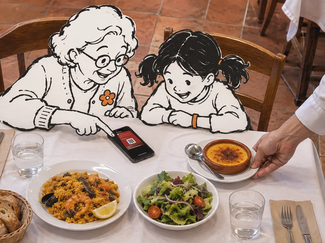 En la mesa de un restaurante de barrio, Carmen y su nieta Lía, dibujadas a tinta, miran la tarjeta del restaurante en el móvil mientras el camarero les sirve una crema catalana.
