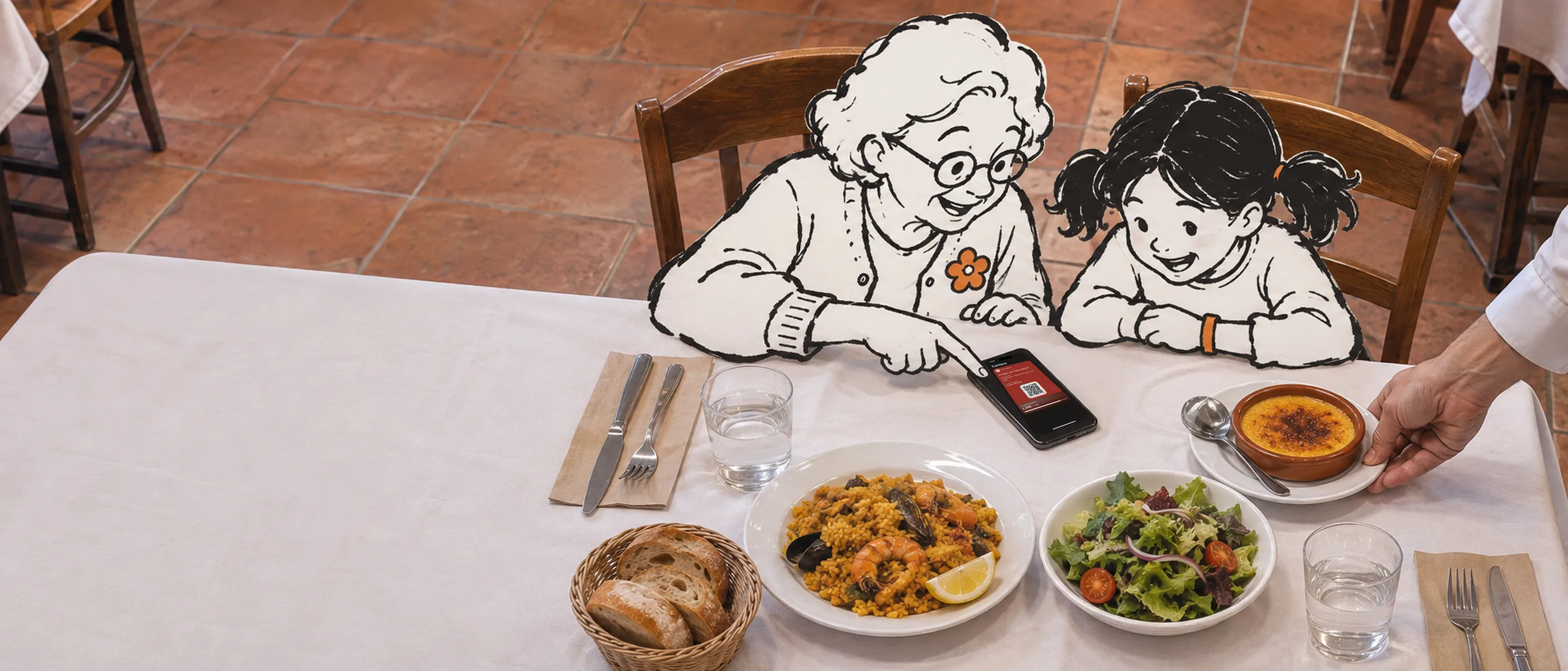En la mesa de un restaurante de barrio, Carmen y su nieta Lía, dibujadas a tinta, miran la tarjeta del restaurante en el móvil mientras el camarero les sirve una crema catalana.